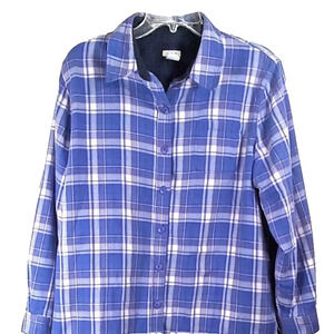 LL Bean Shacket Jacket Women's Petite Large Blue Plaid Fleece Lined Button Front